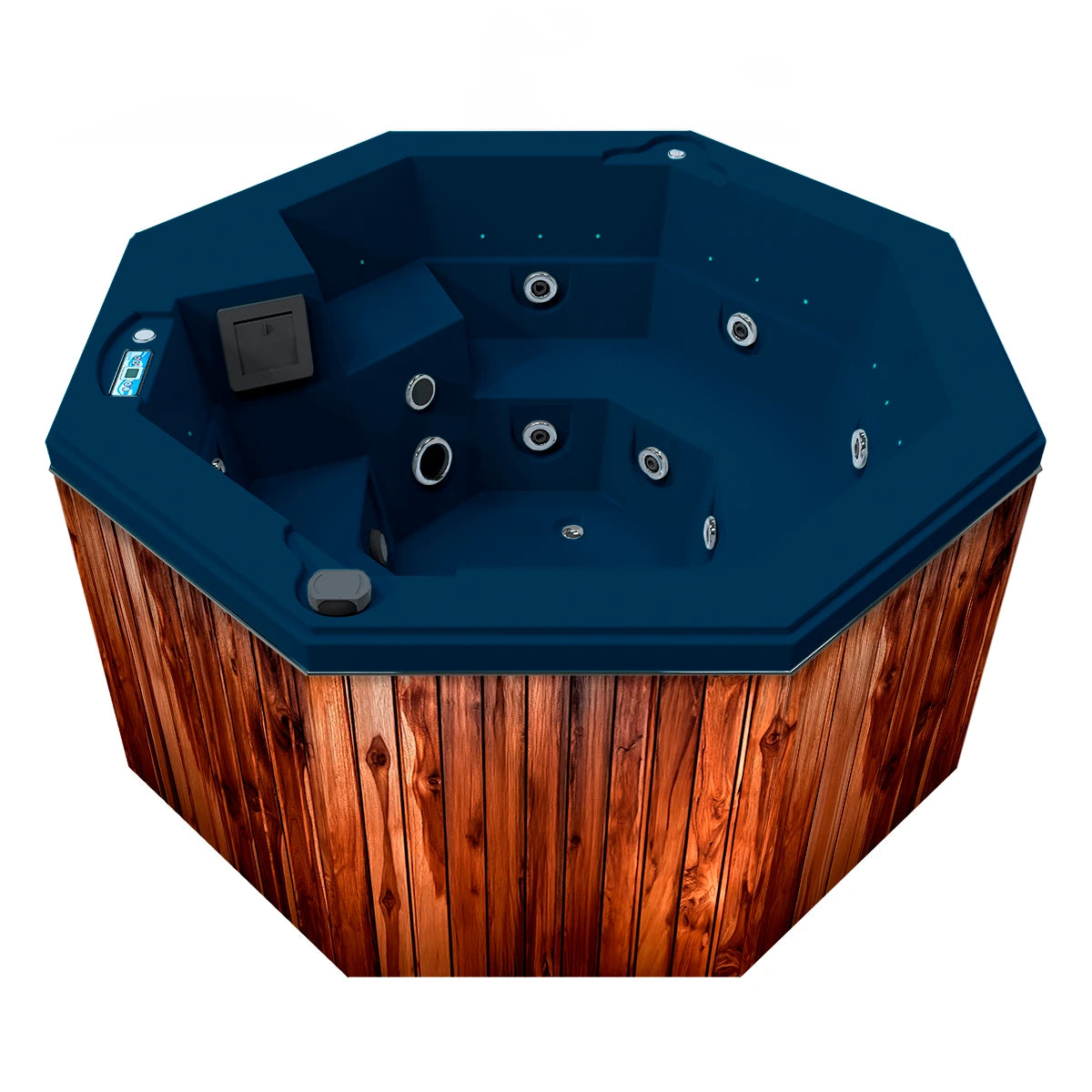 jacuzzi spa CABO para 2 adultos y 1 niño, gabinete madera teca con acrílico azul adriático; spa octagonal ideal para terrazas, patios o jardines residenciales.