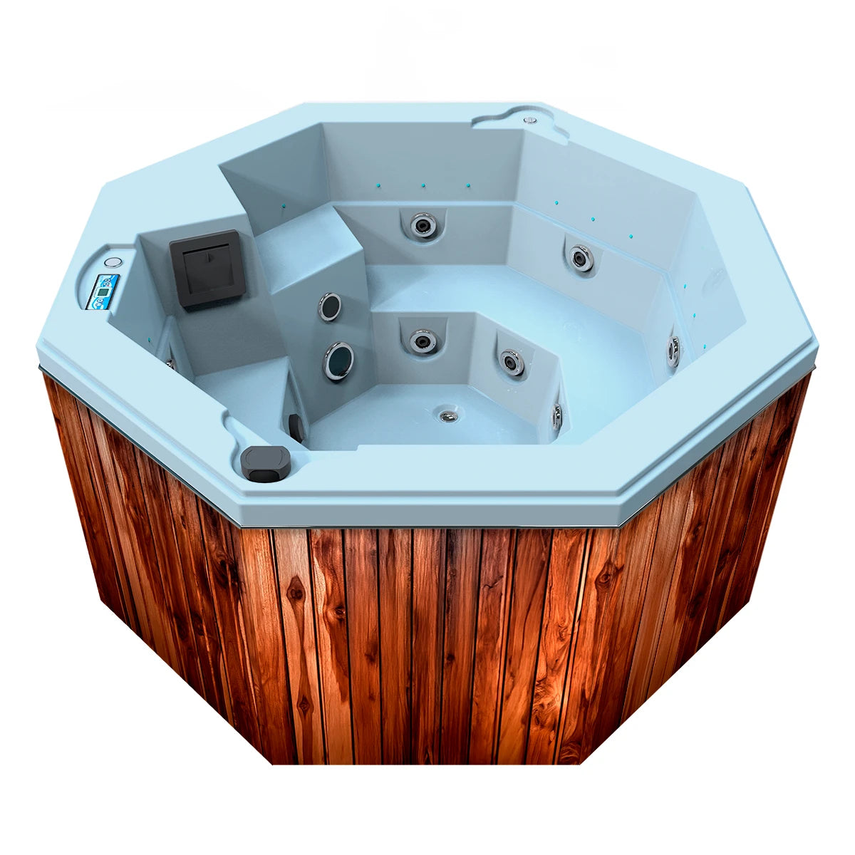 jacuzzi spa CABO para 2 adultos y 1 niño, gabinete madera teca con acrílico azul claro; spa octagonal ideal para terrazas, patios o jardines residenciales.