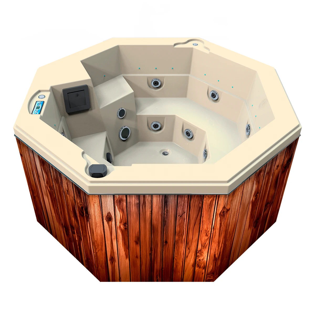 jacuzzi spa CABO para 2 adultos y 1 niño, gabinete madera teca con acrílico beige nuevo; spa octagonal ideal para terrazas, patios o jardines residenciales.