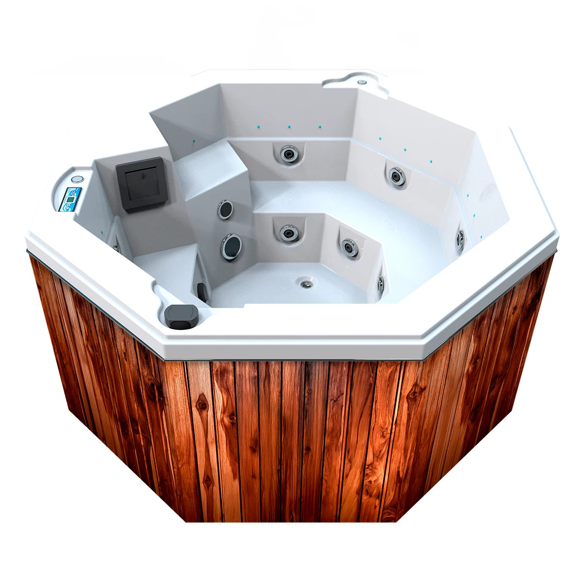 jacuzzi spa CABO para 2 adultos y 1 niño, gabinete madera teca con acrílico blanco; spa octagonal ideal para terrazas, patios o jardines residenciales