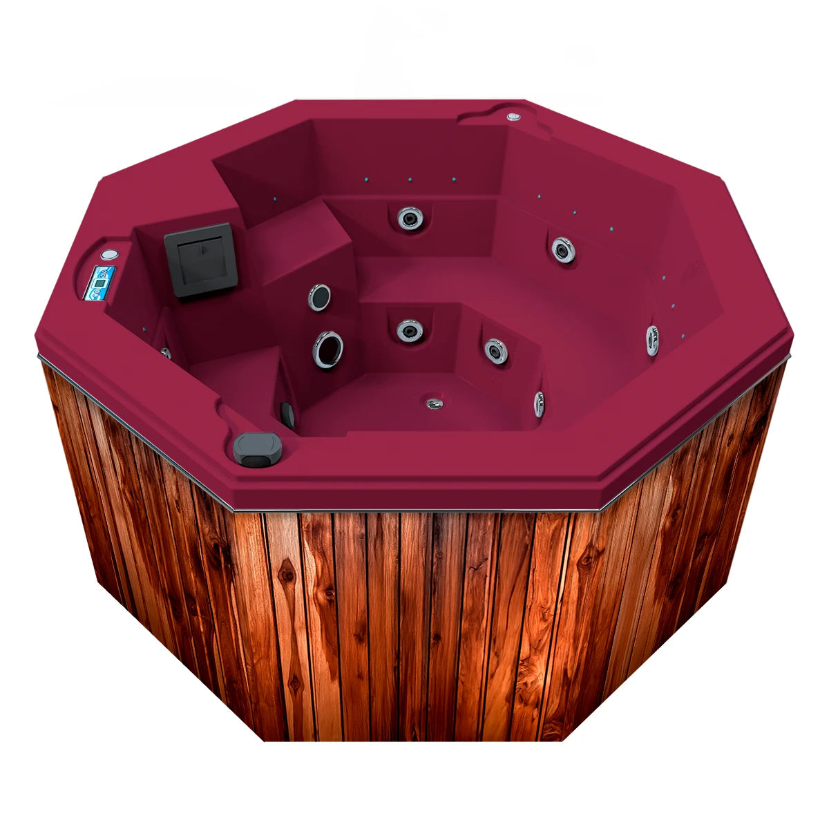 jacuzzi spa CABO para 2 adultos y 1 niño, gabinete madera teca con acrílico coral; spa octagonal ideal para terrazas, patios o jardines residenciales.