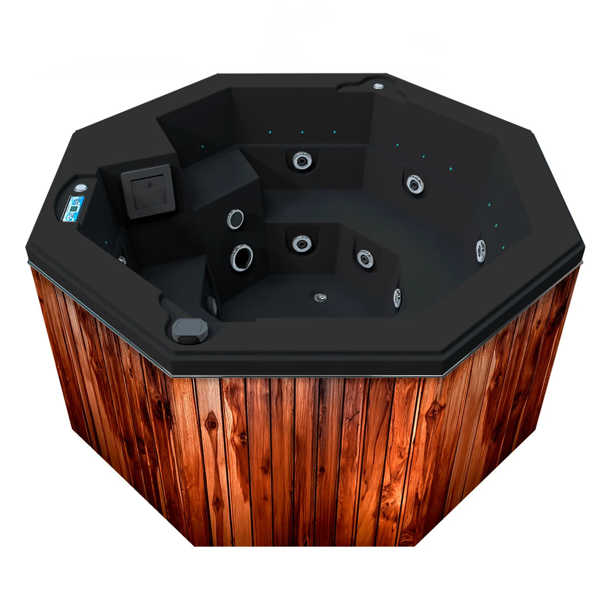jacuzzi spa CABO para 2 adultos y 1 niño, gabinete madera teca con acrílico negro; spa octagonal ideal para terrazas, patios o jardines residenciales.