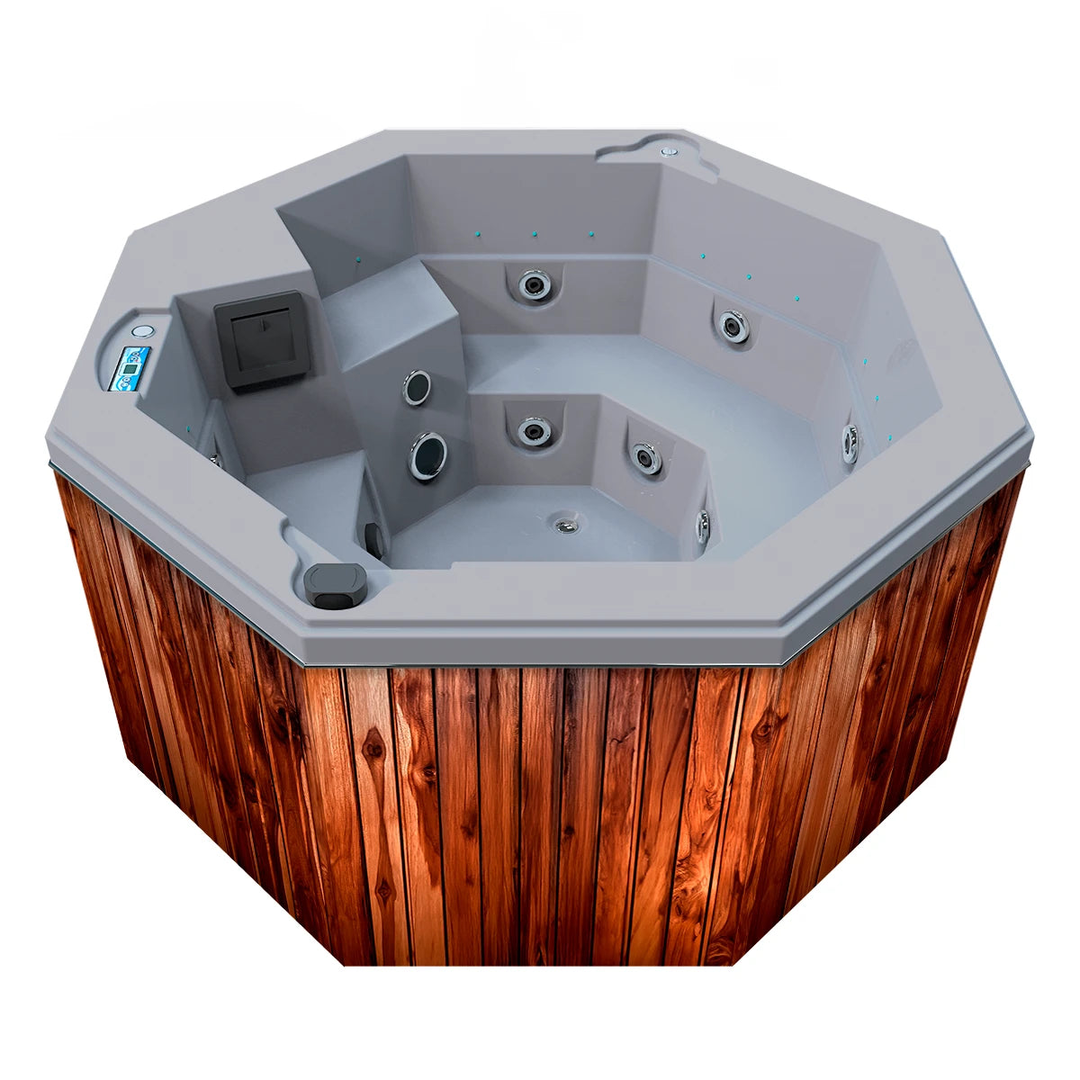 jacuzzi spa CABO para 2 adultos y 1 niño, gabinete madera teca con acrílico platino; spa octagonal ideal para terrazas, patios o jardines residenciales.