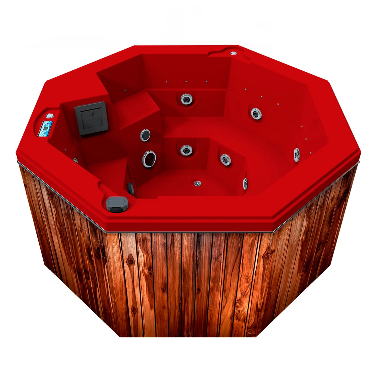 jacuzzi spa CABO para 2 adultos y 1 niño, gabinete madera teca con acrílico rojo cereza; spa octagonal ideal para terrazas, patios o jardines residenciales.