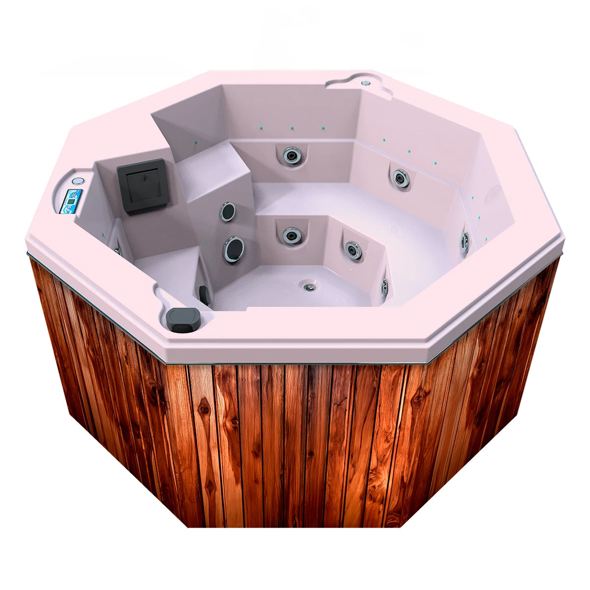 jacuzzi spa CABO para 2 adultos y 1 niño, gabinete madera teca con acrílico rosa claro; spa octagonal ideal para terrazas, patios o jardines residenciales.