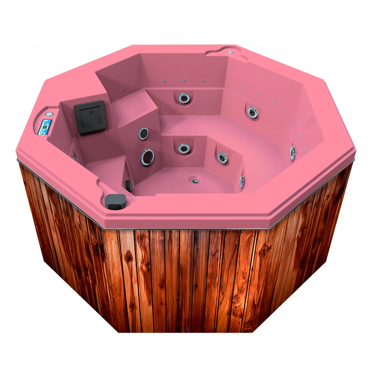 jacuzzi spa CABO para 2 adultos y 1 niño, gabinete madera teca con acrílico rosa fresa; spa octagonal ideal para terrazas, patios o jardines residenciales.