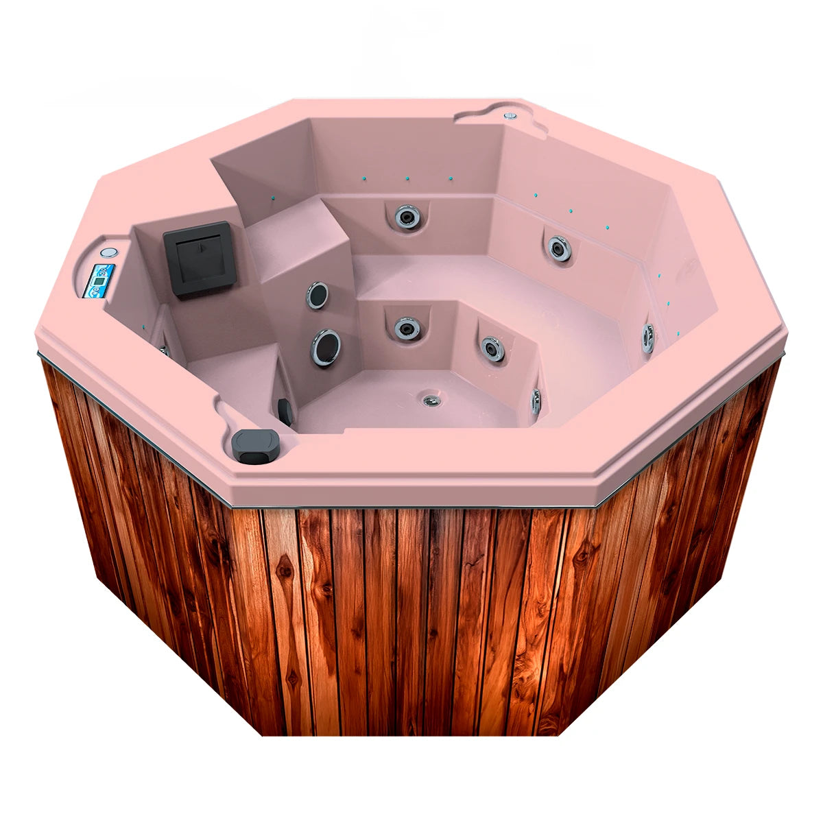 jacuzzi spa CABO para 2 adultos y 1 niño, gabinete madera teca con acrílico rosa fuerte; spa octagonal ideal para terrazas, patios o jardines residenciales.