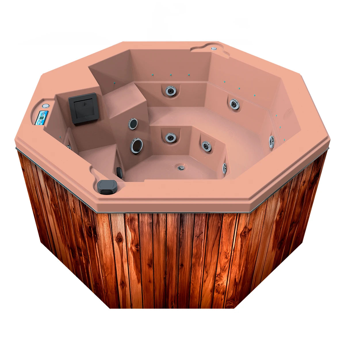 jacuzzi spa CABO para 2 adultos y 1 niño, gabinete madera teca con acrílico salmón; spa octagonal ideal para terrazas, patios o jardines residenciales.