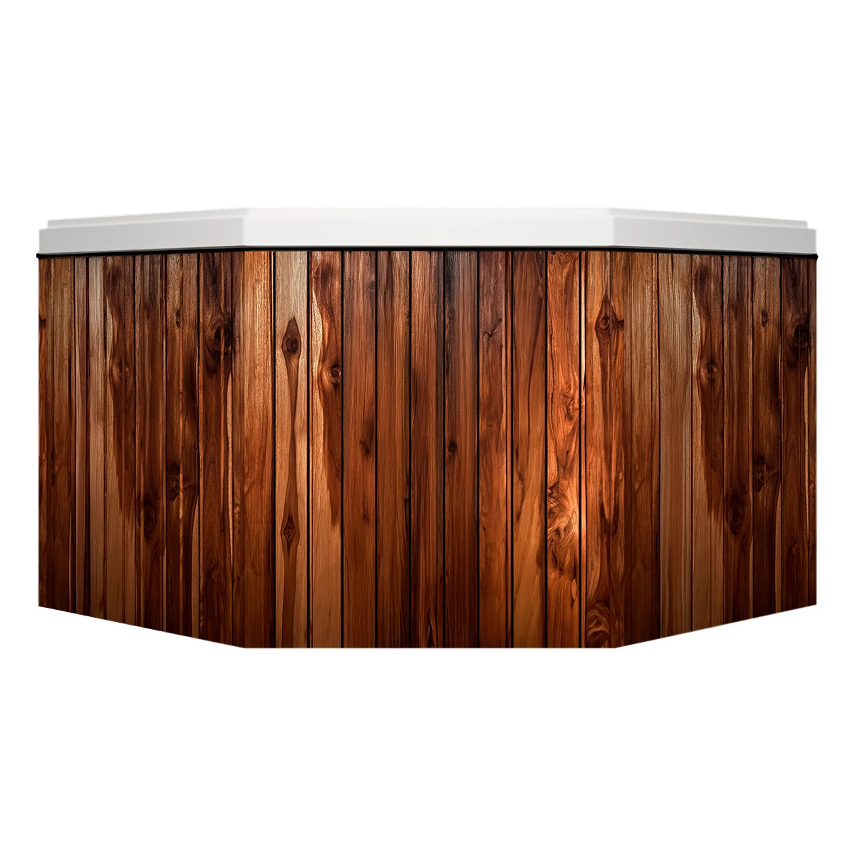 faldón exterior en madera teca del jacuzzi CABO, acabado octagonal elegante, ideal para jardines y terrazas de uso familiar