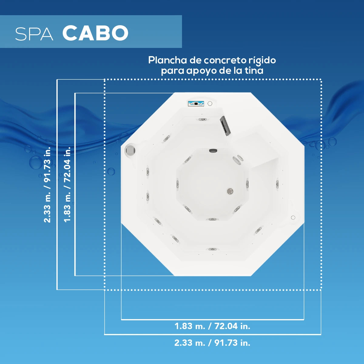 ficha técnica del spa CABO con capacidades para 2 adultos y 1 niño, medidas y configuración para instalación al exterior