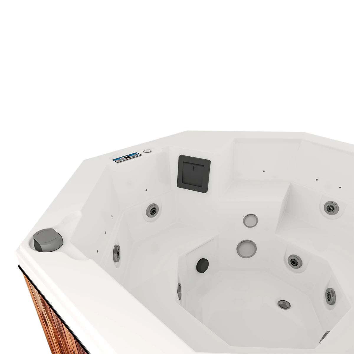 panel digital de control del spa CABO, configuración de jets, temperatura e iluminación LED para uso residencial