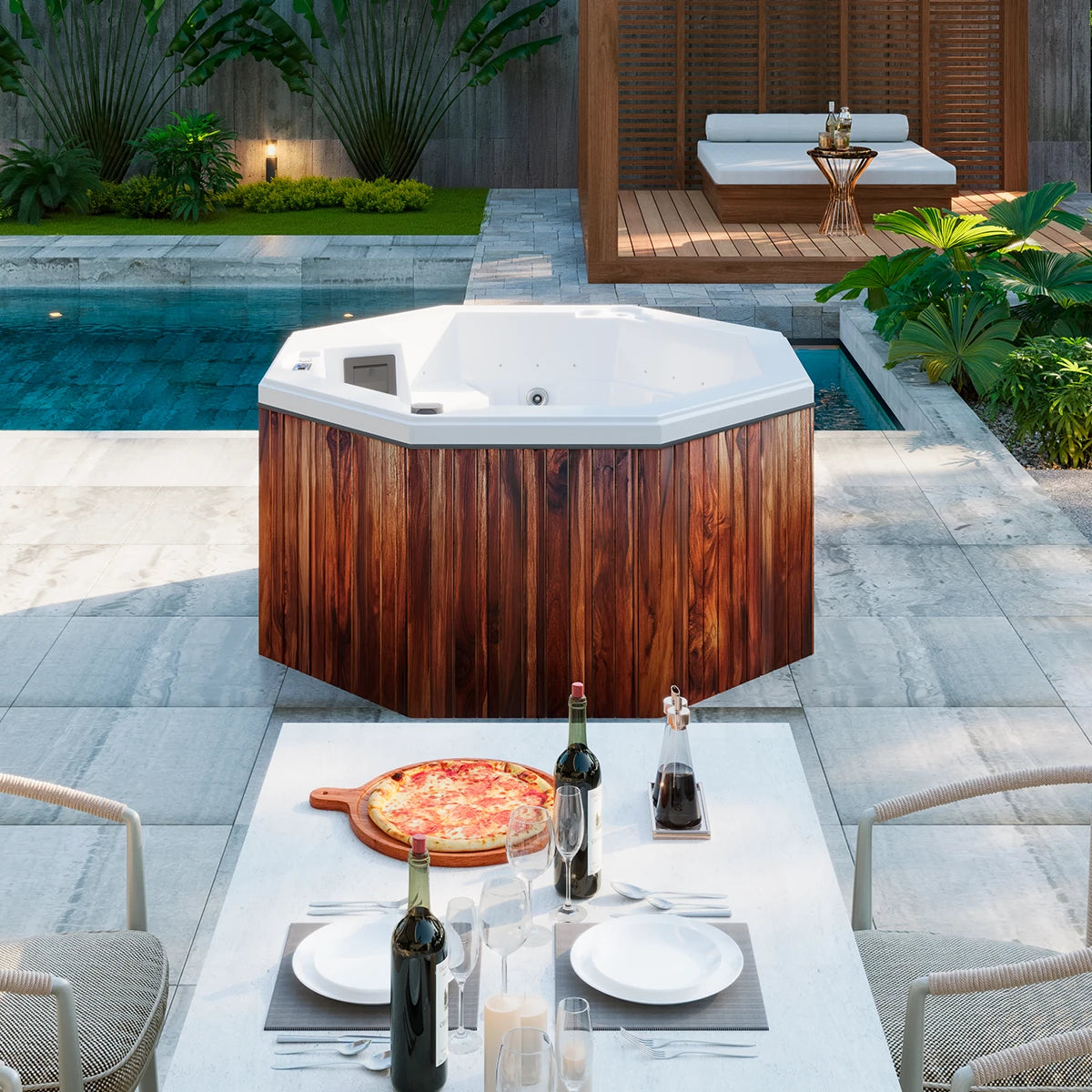jacuzzi spa CABO en terraza contemporánea, spa octagonal para 2 adultos y 1 niño con acabado de madera teca y jets premium