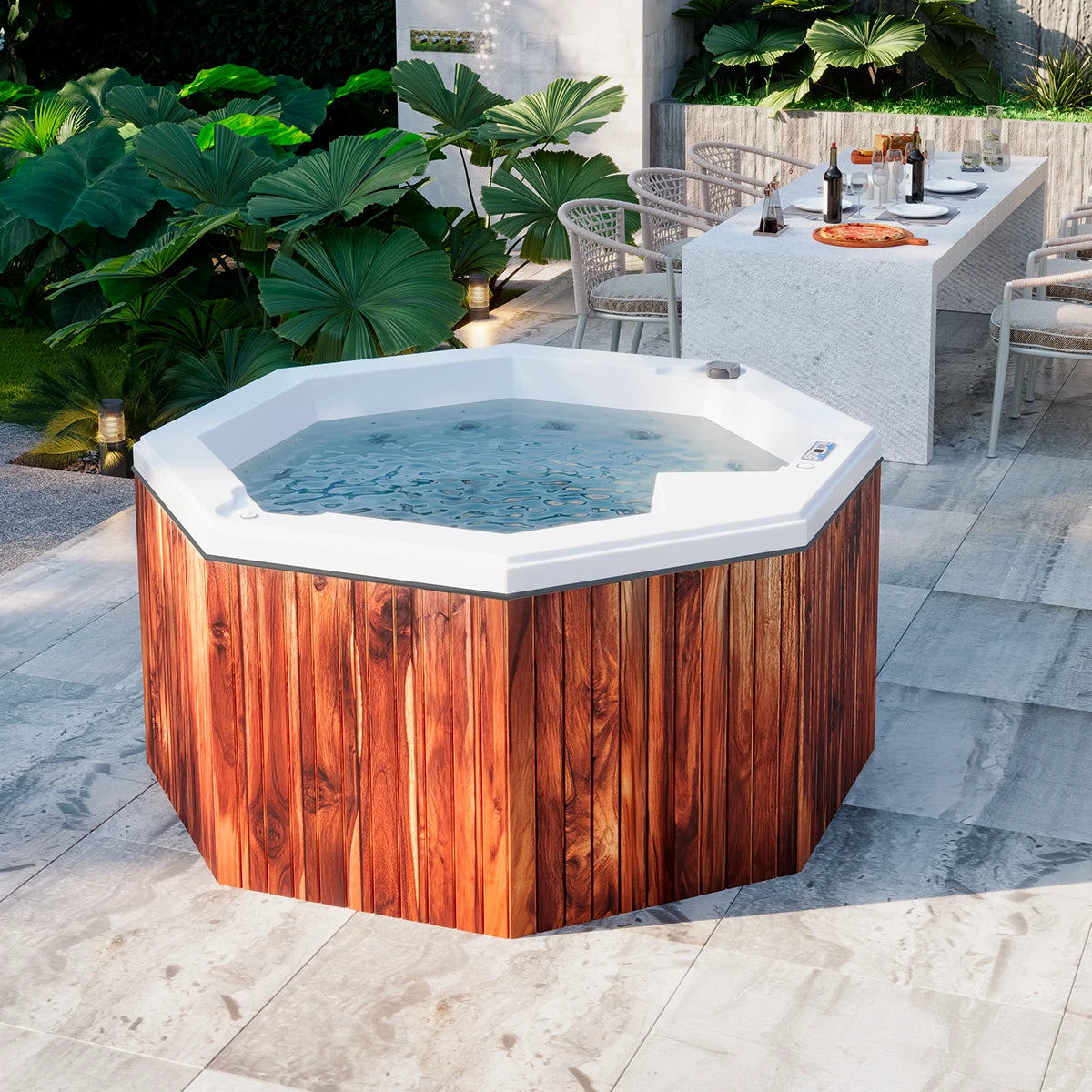 spa CABO instalado en jardín residencial, jacuzzi octagonal para 2 adultos y 1 niño, diseño exterior elegante y funcional