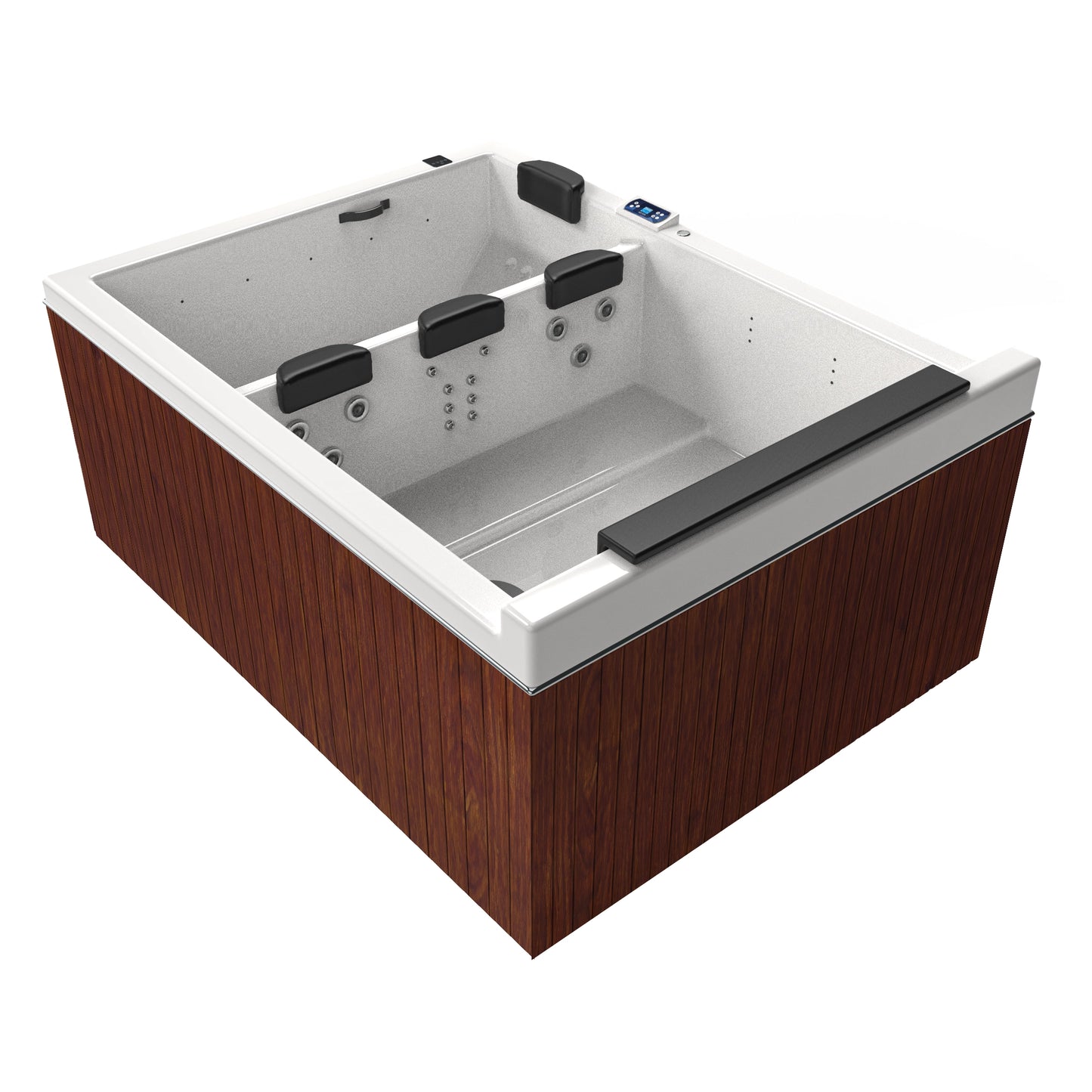 Jacuzzi spa Dual Falls con tina fría y zona caliente, gabinete en madera sintética café clara