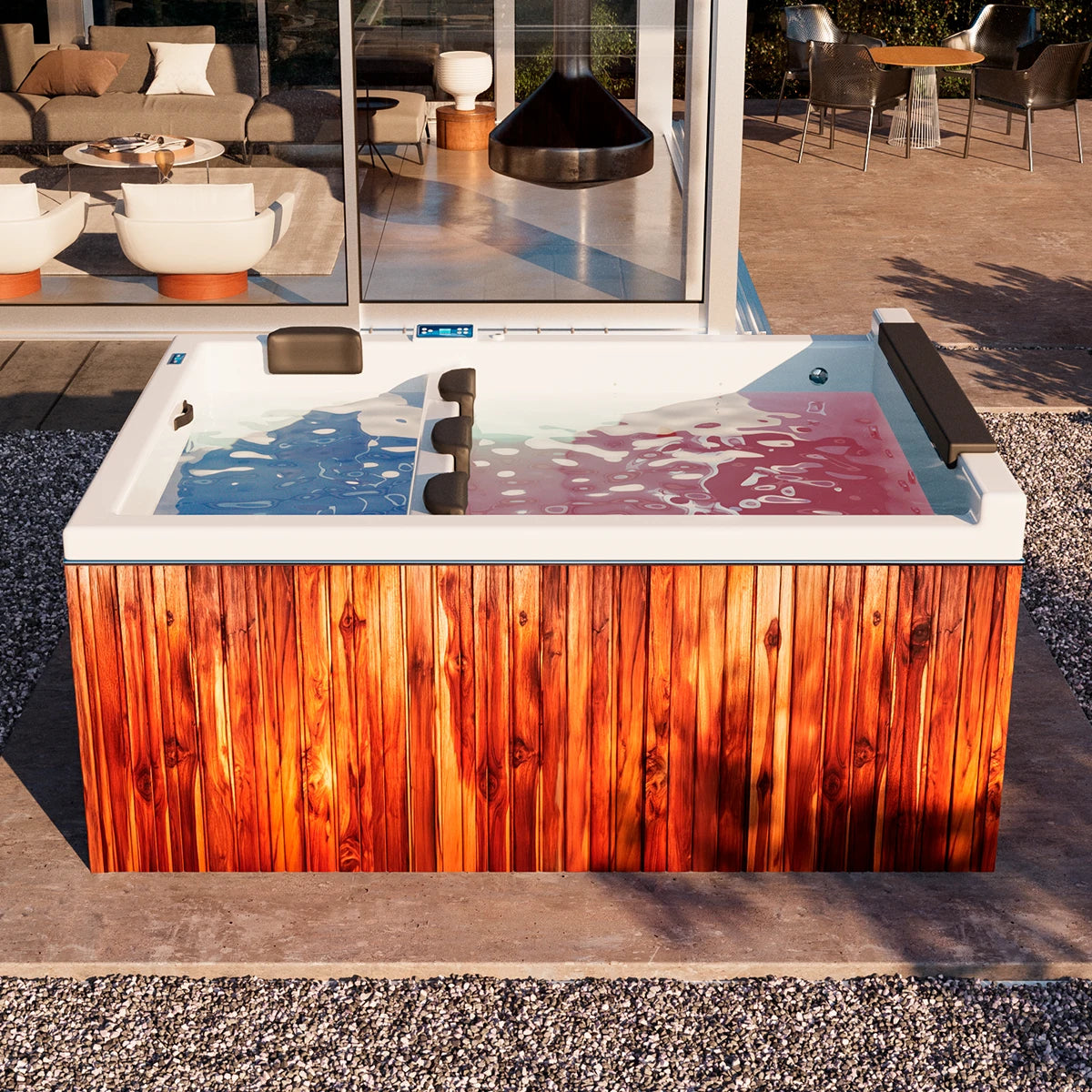 Render del jacuzzi spa Dual Falls en terraza moderna con diferencia de temperatura contraste térmico