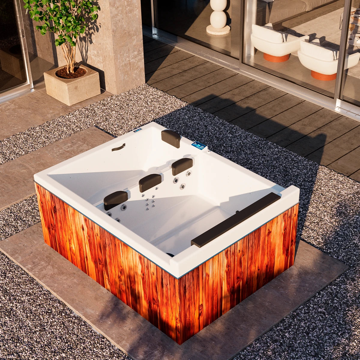 Vista renderizada del jacuzzi spa Dual Falls en jardín contemporáneo