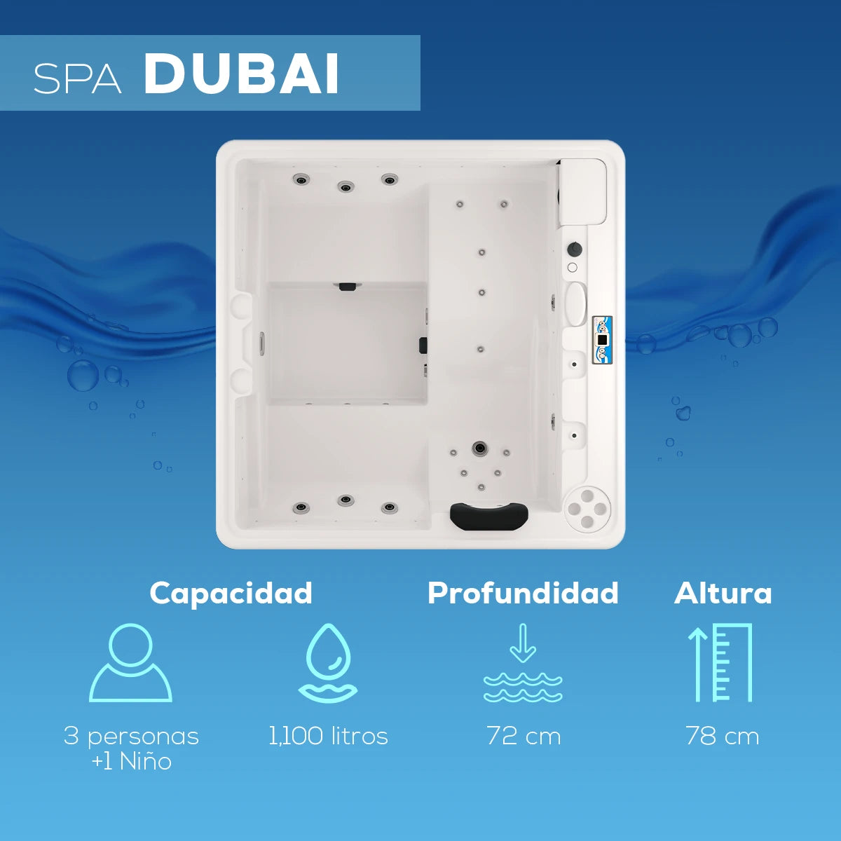spa DUBAI con capacidad para 3 adultos y 1 niño, profundidad de 72 cm, altura de 111 cm; ideal para hogares con espacio limitado