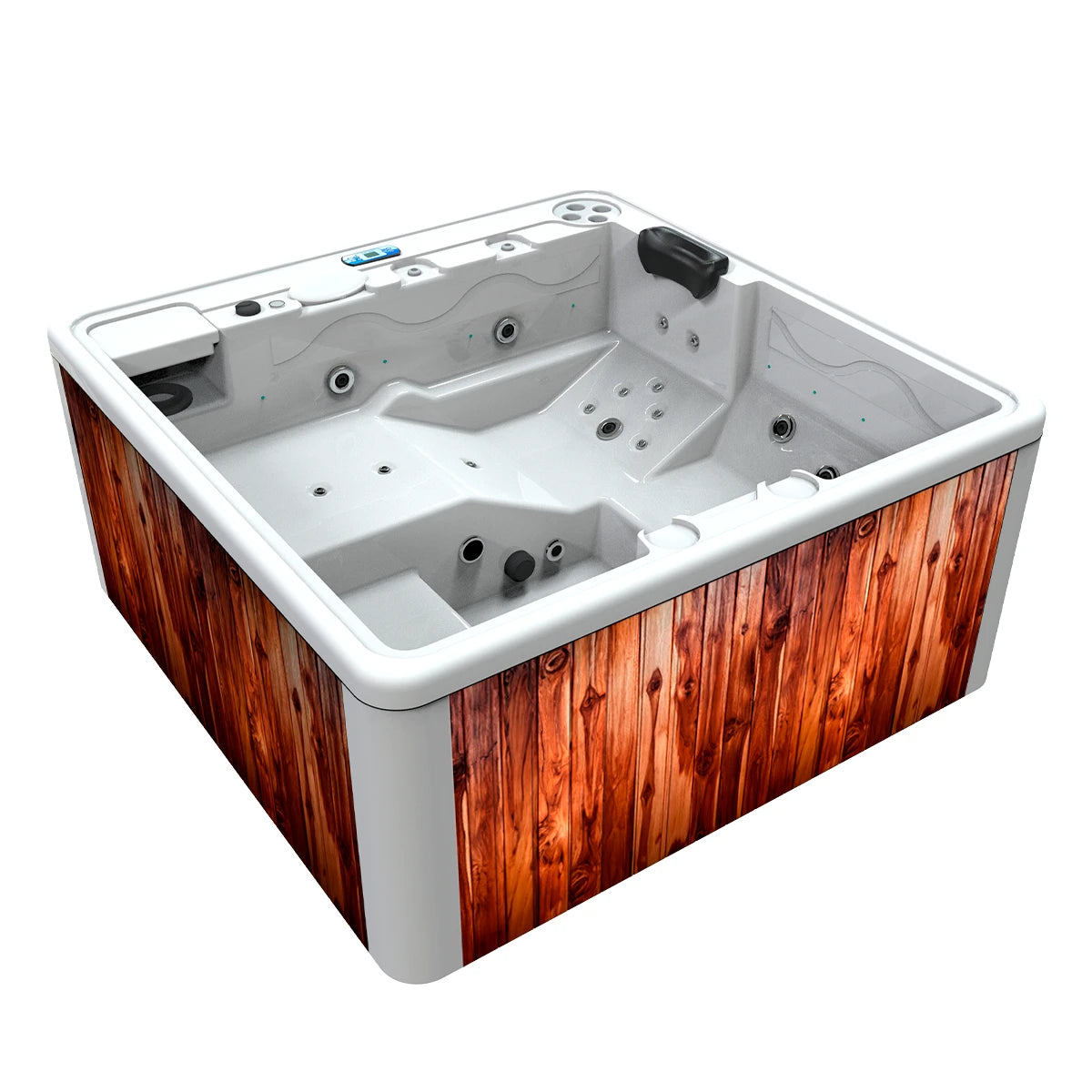 jacuzzi spa DUBAI para 3 adultos y 1 niño, gabinete madera teca con acrílico blanco; spa exterior compacto ideal para terrazas, patios o jardines pequeños