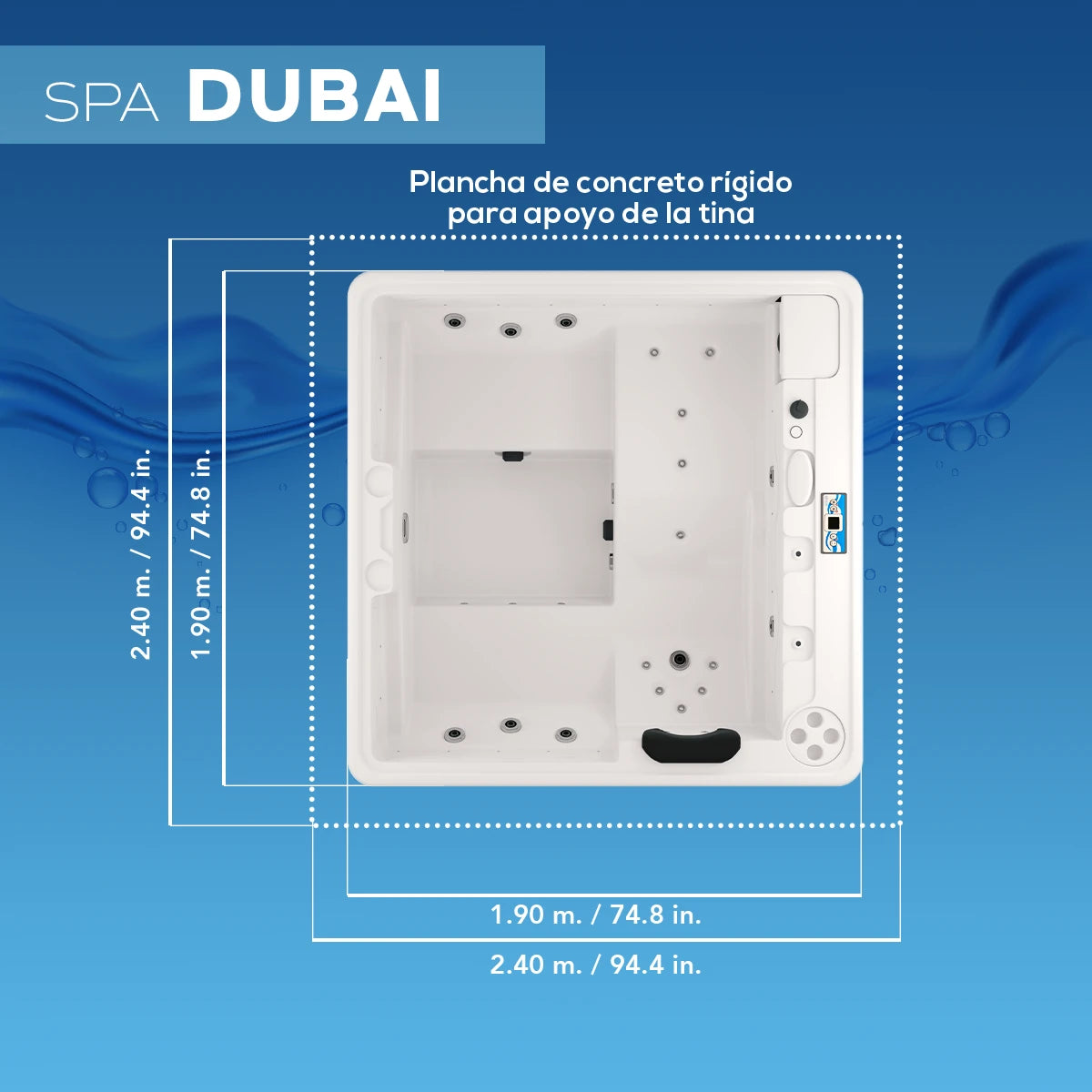 ficha técnica del spa DUBAI con medidas exactas, ideal para instalación en espacios compactos, terrazas o patios residenciales