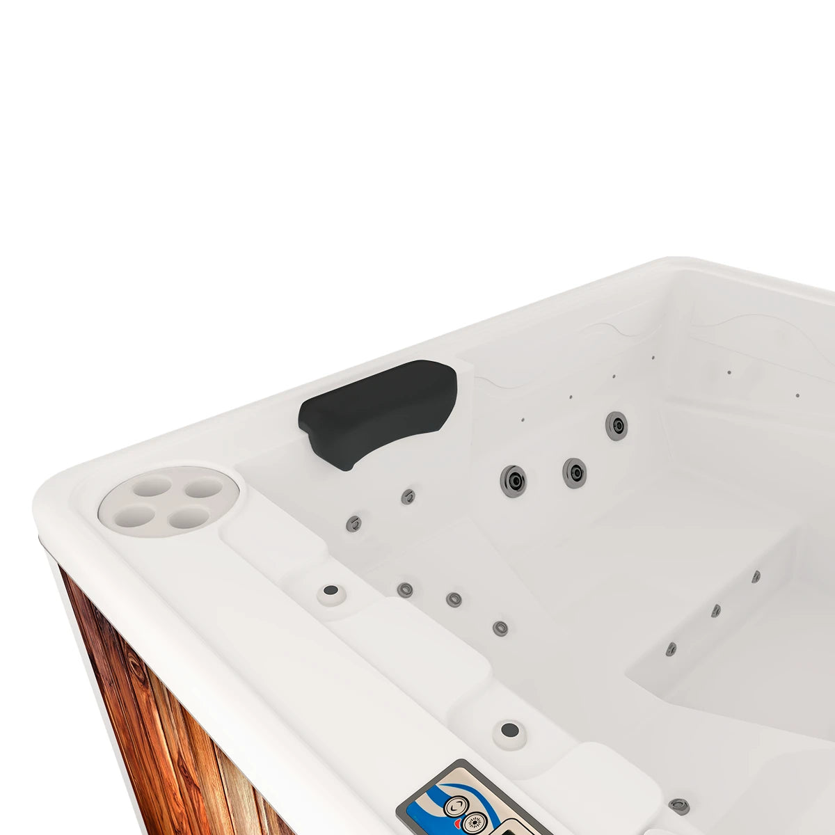 panel de control digital del spa DUBAI, ajuste de temperatura, jets, cromoterapia e iluminación LED