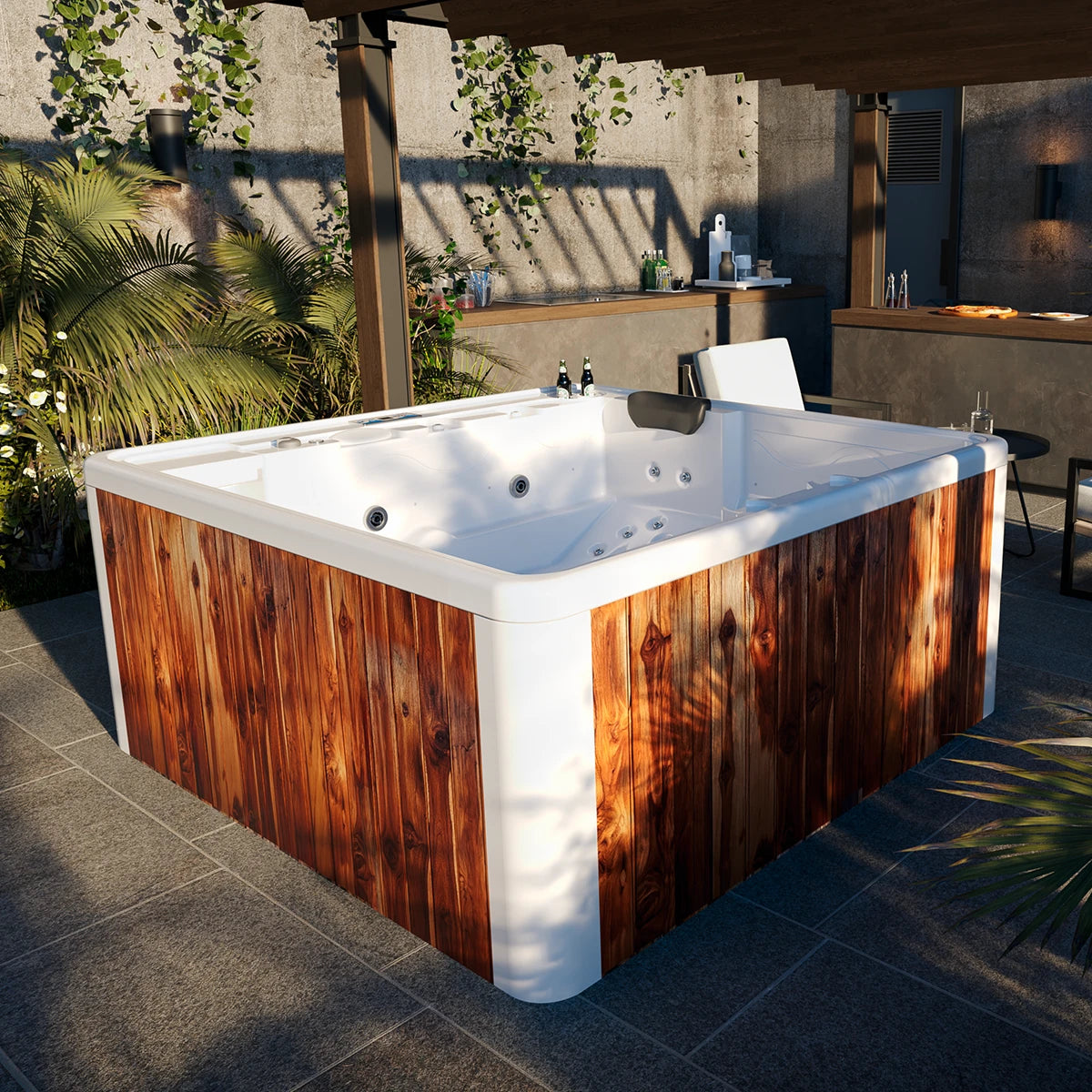 jacuzzi spa DUBAI en jardín residencial, diseño compacto y funcional ideal para casas, departamentos o terrazas familiares