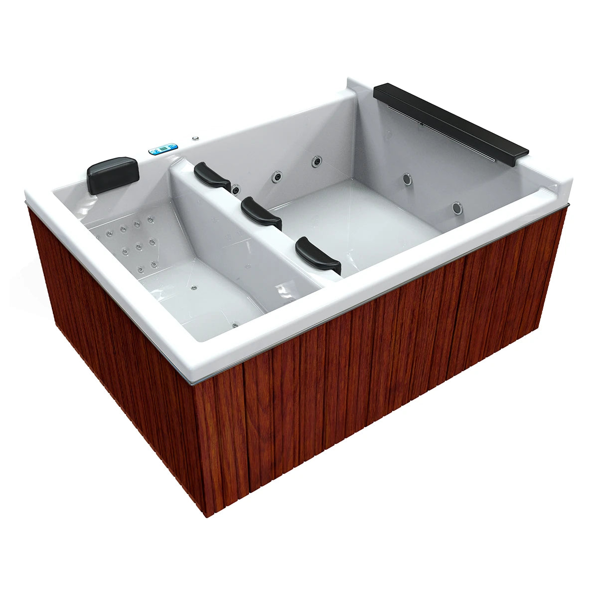 jacuzzi spa FALLS exterior para 4 adultos, gabinete madera sintética café claro con acrílico blanco; diseño moderno para terrazas y rooftops premium