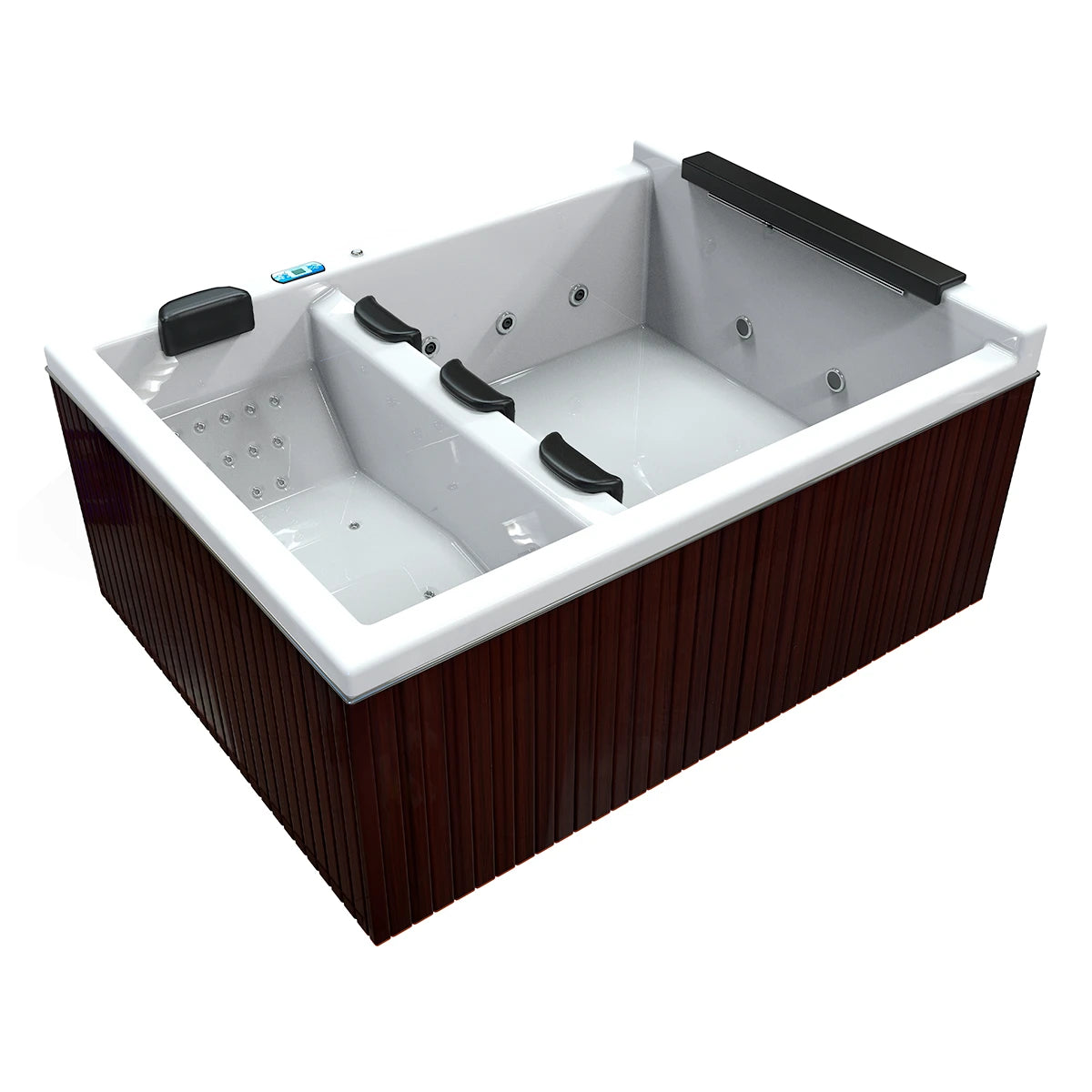 spa FALLS exterior para 4 adultos, gabinete madera sintética café obscuro y acrílico blanco; jacuzzi compacto ideal para proyectos residenciales de lujo