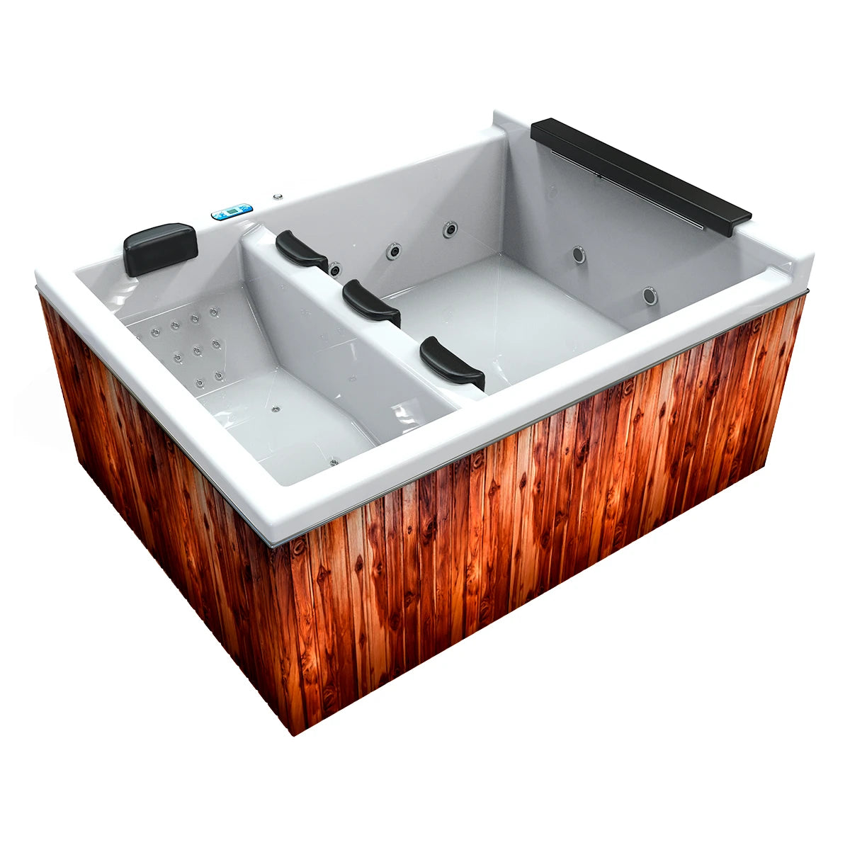 jacuzzi spa FALLS para 4 adultos, gabinete madera teca con acrílico blanco; spa exterior premium para jardines, terrazas y patios
