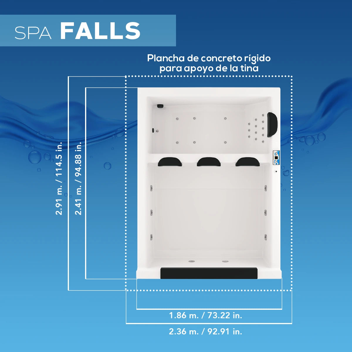 ficha técnica del spa FALLS con medidas precisas para instalación en terrazas, jardines o patios residenciales
