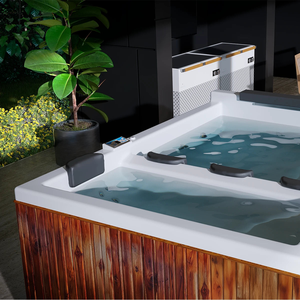 jacuzzi spa FALLS en jardín residencial moderno, diseño compacto para relajación en exteriores familiares premium