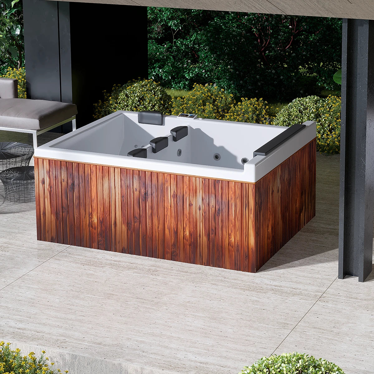 spa FALLS instalado en terraza exterior premium, ideal para patios, rooftops y zonas residenciales de lujo