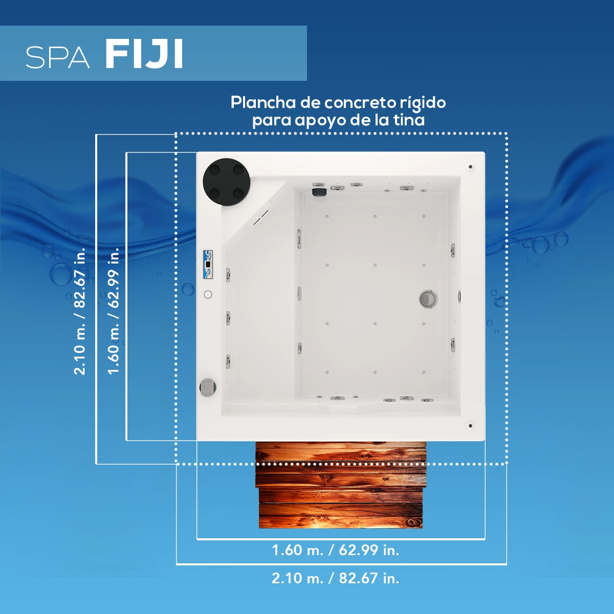 ficha técnica del spa FIJI, medidas precisas para instalación en patios, rooftops, balcones o zonas compactas
