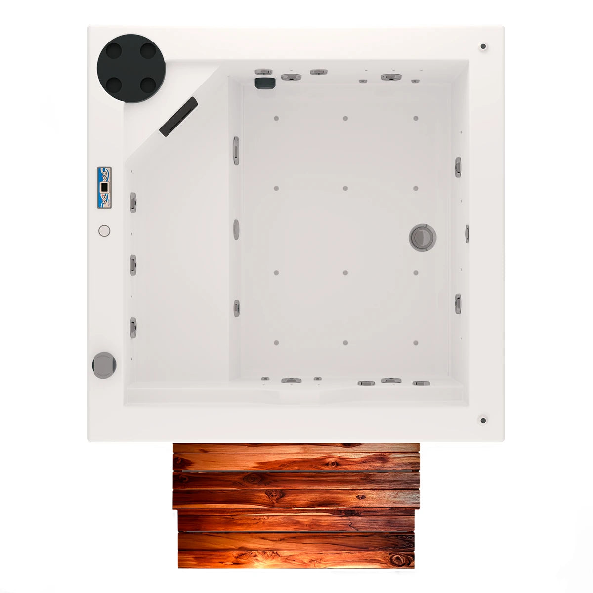 vista superior del spa FIJI con distribución ergonómica para 2 adultos, ideal para espacios reducidos o terrazas residenciales