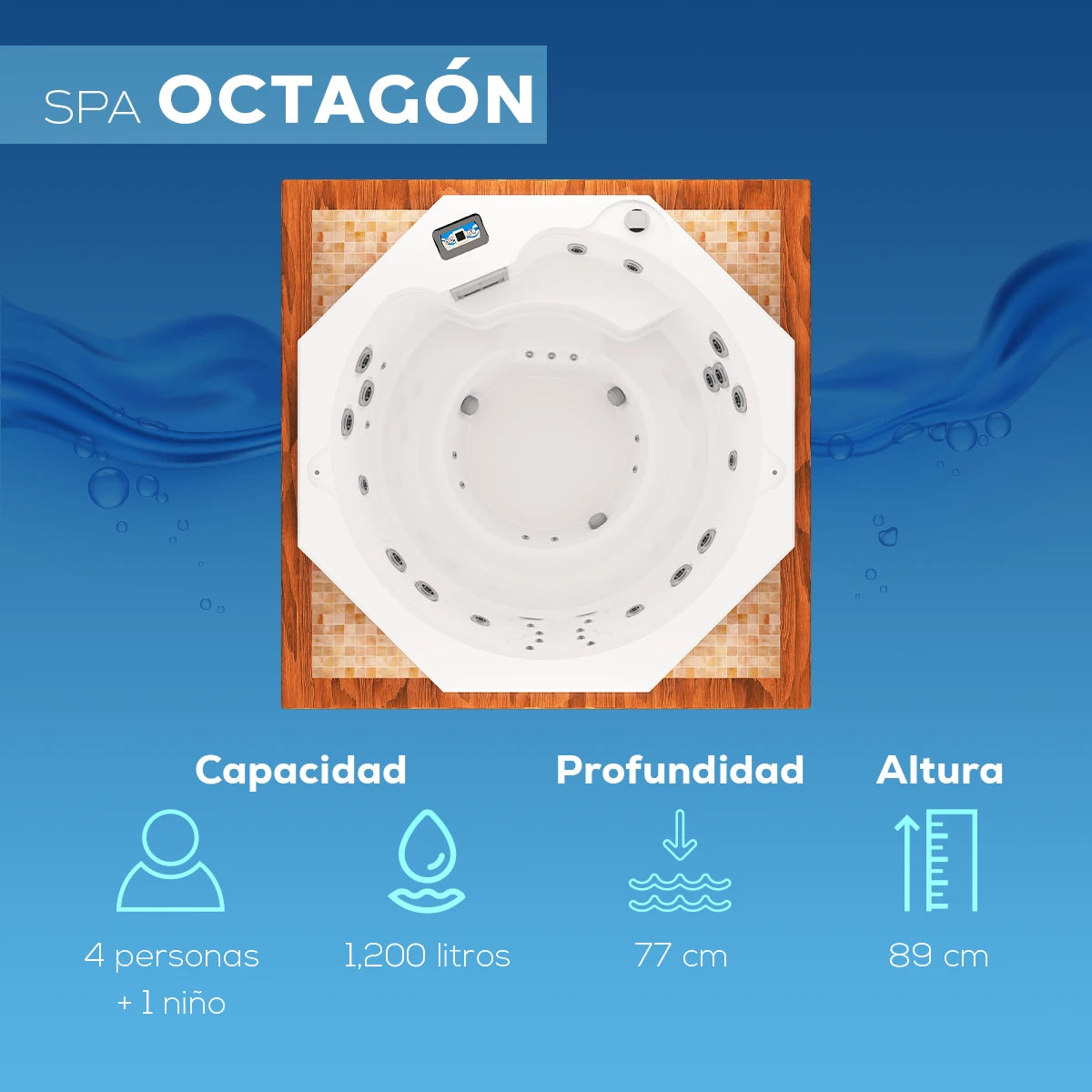 spa OCTAGÓN con capacidad para 4 adultos y 1 niño, profundidad de 81 cm, altura de 101 cm; ideal para familias