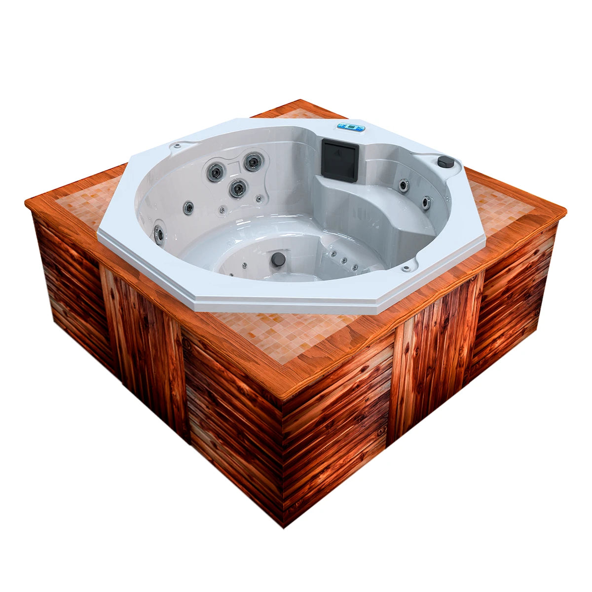 jacuzzi spa OCTAGÓN para 4 adultos y 1 niño, gabinete madera teca con acrílico blanco; jacuzzi octagonal para exteriores modernos