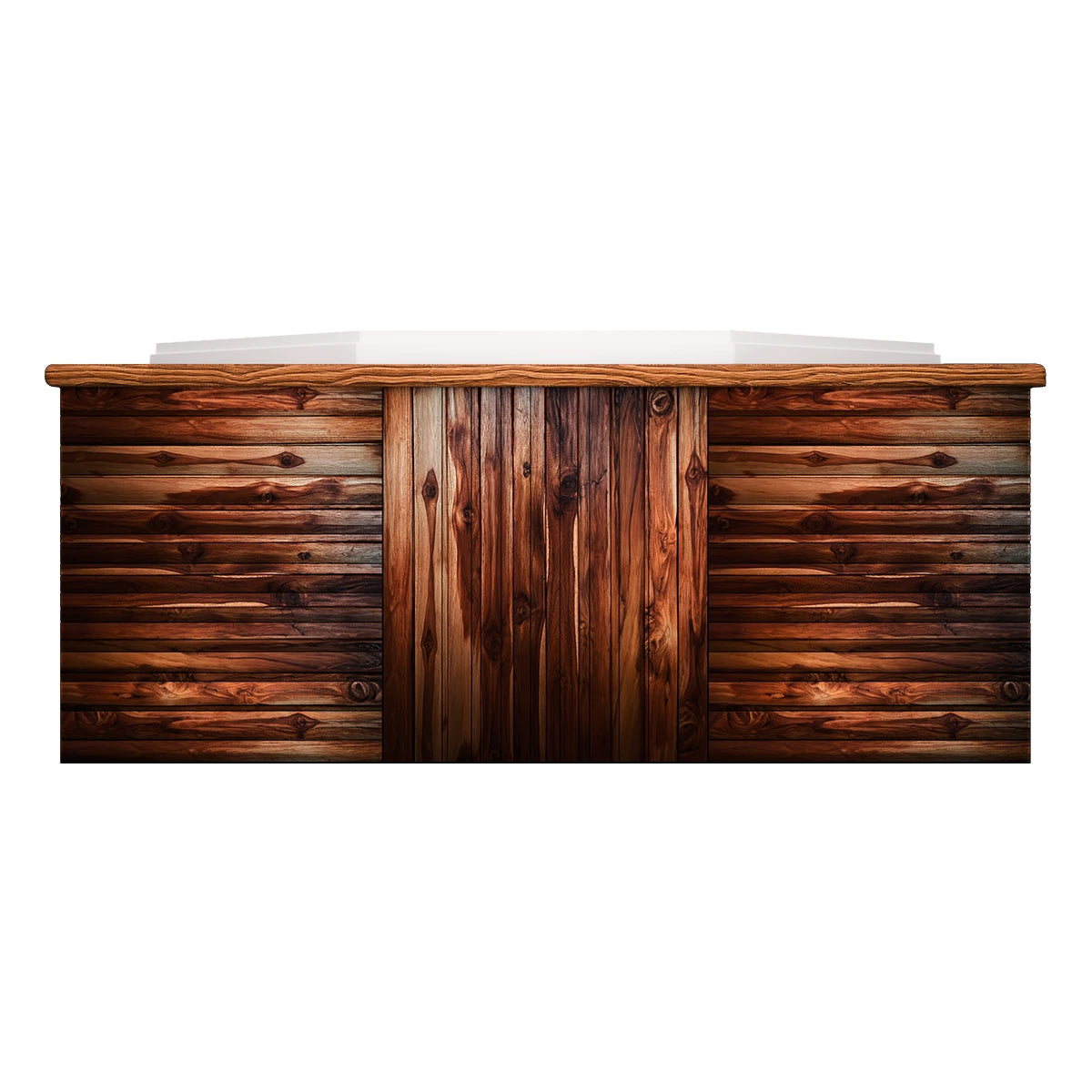 faldón exterior del spa OCTAGÓN en acabado madera teca, jacuzzi compacto para terrazas o jardines modernos