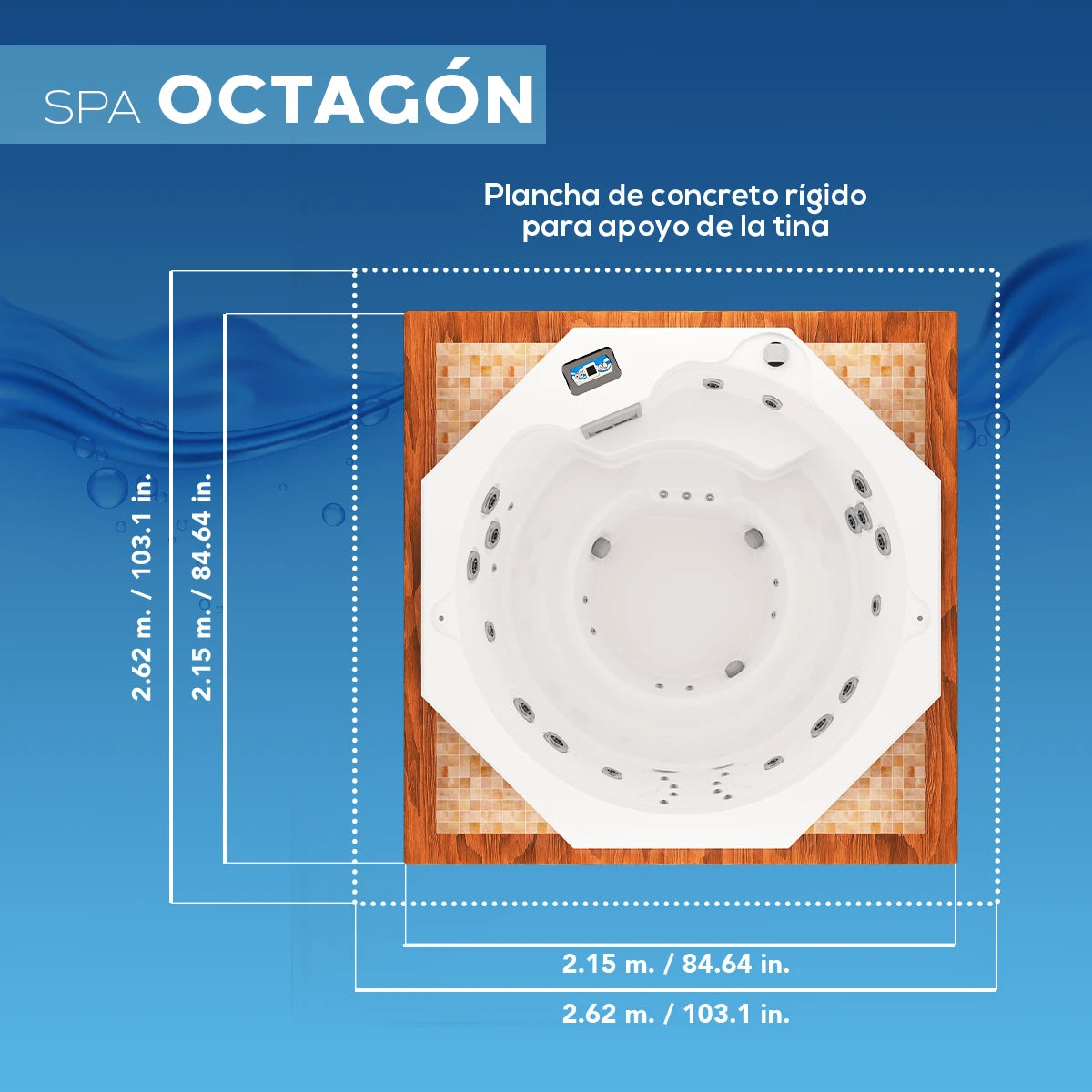 ficha técnica del spa OCTAGÓN, medidas precisas para instalación en patios, terrazas o zonas residenciales de descanso