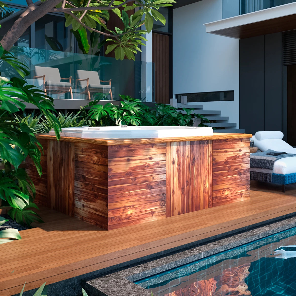 jacuzzi spa OCTAGÓN instalado junto a piscina en jardín, diseño octagonal con faldón de madera natural