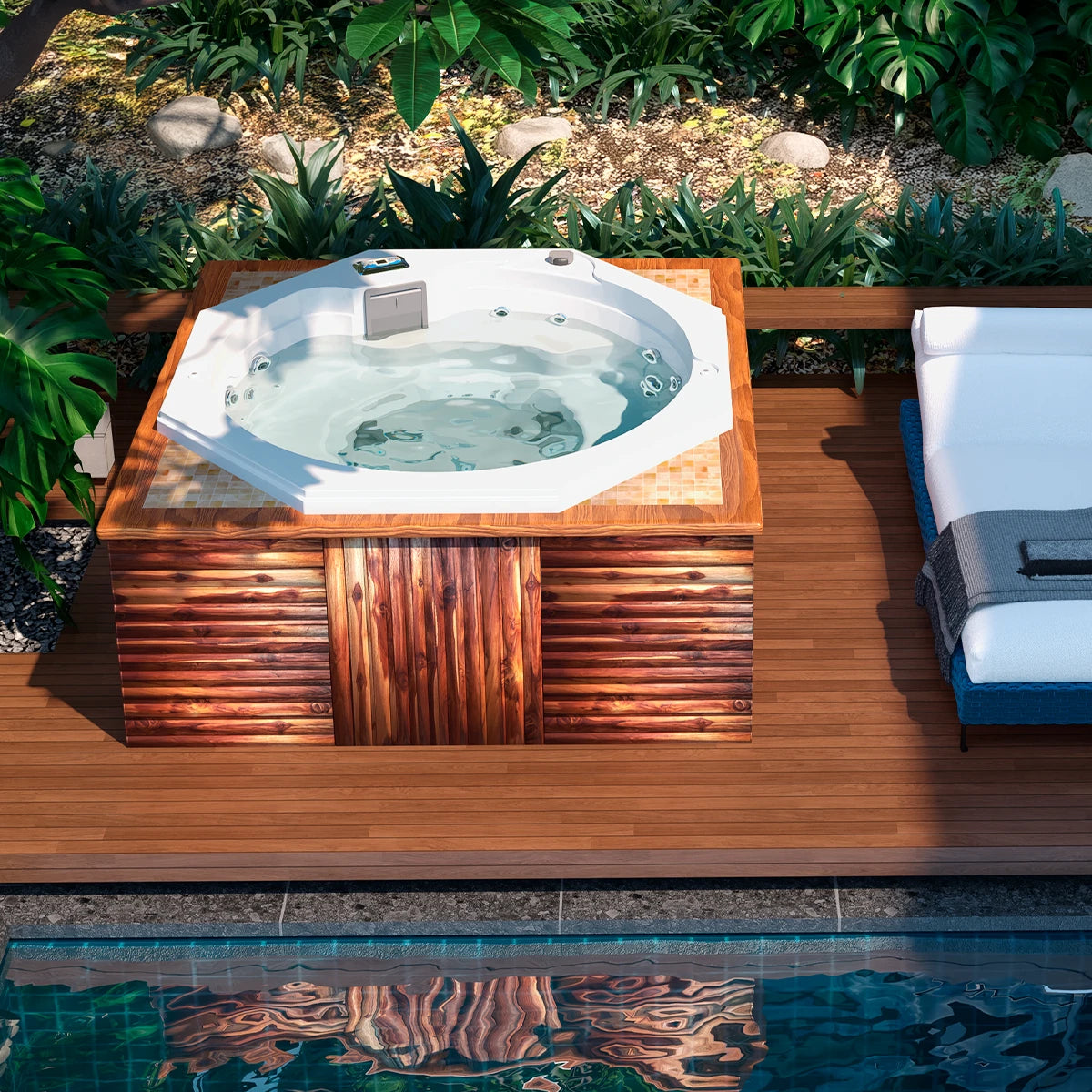 spa OCTAGÓN exterior instalado en patio residencial, jacuzzi para 5 personas con diseño envolvente y moderno