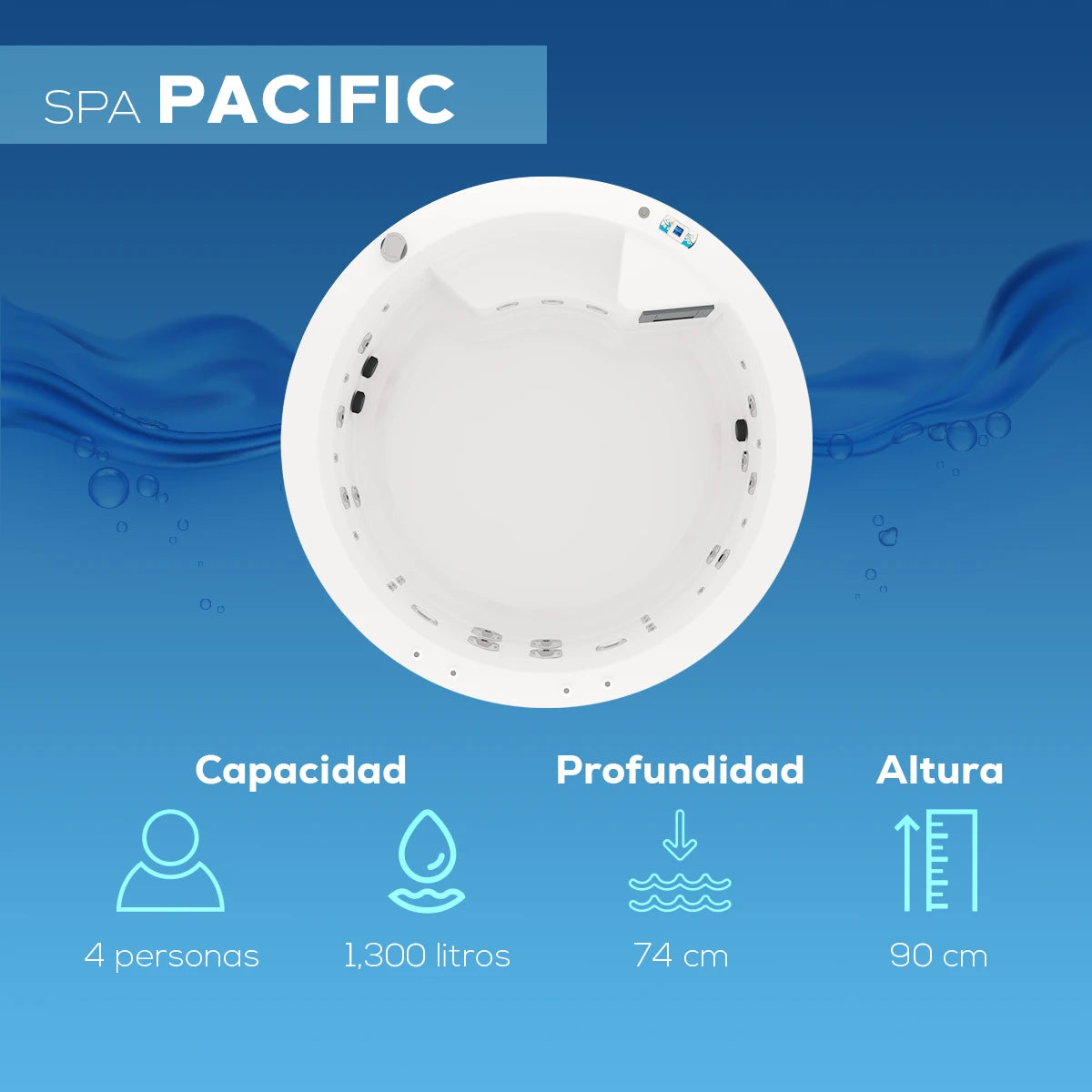 spa PACIFIC para 4 adultos, profundidad de 74 cm, altura de 90 cm; diseño compacto para espacios residenciales
