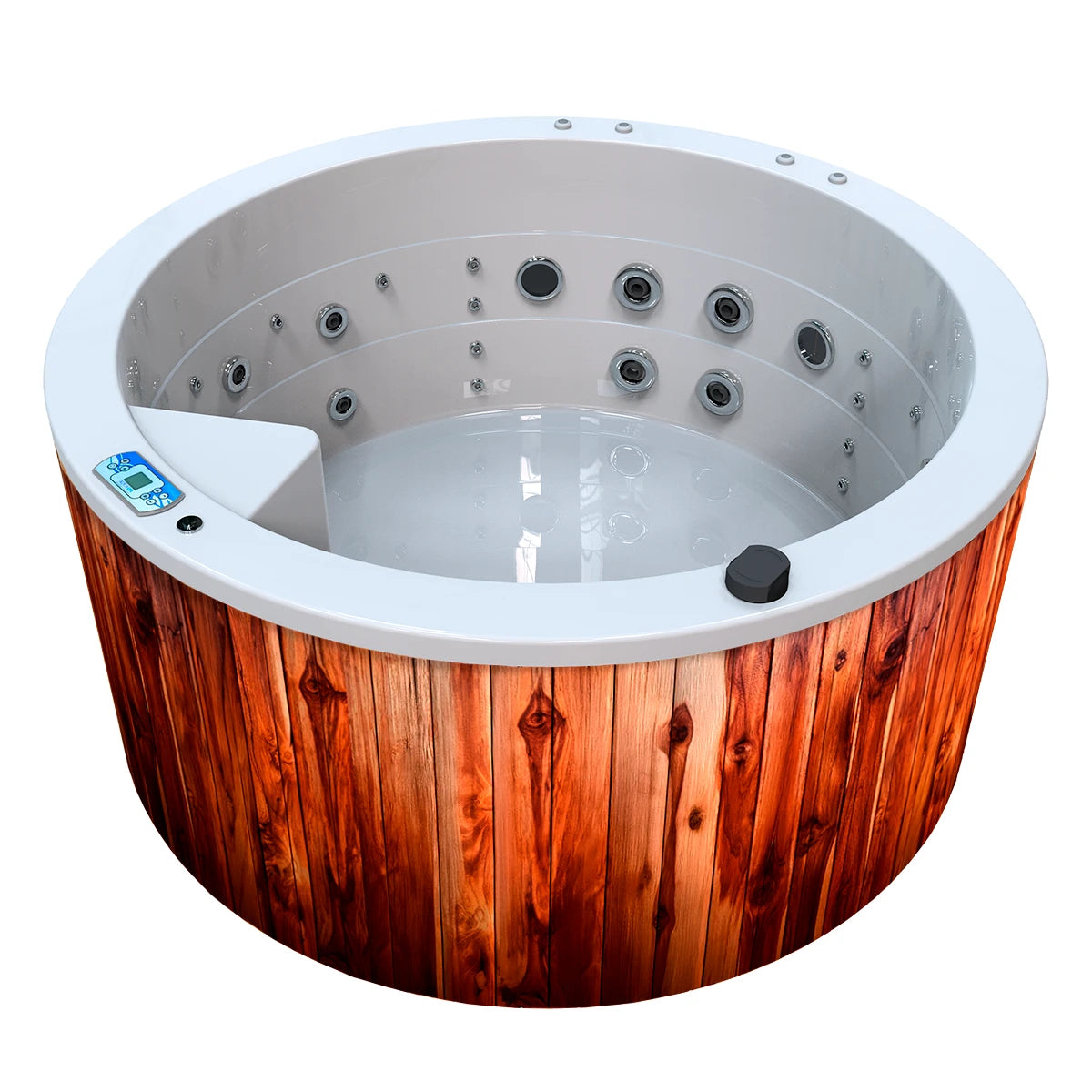 jacuzzi spa PACIFIC para 4 adultos, gabinete madera teca con acrílico blanco; diseño perfecto para terrazas y patios residenciales