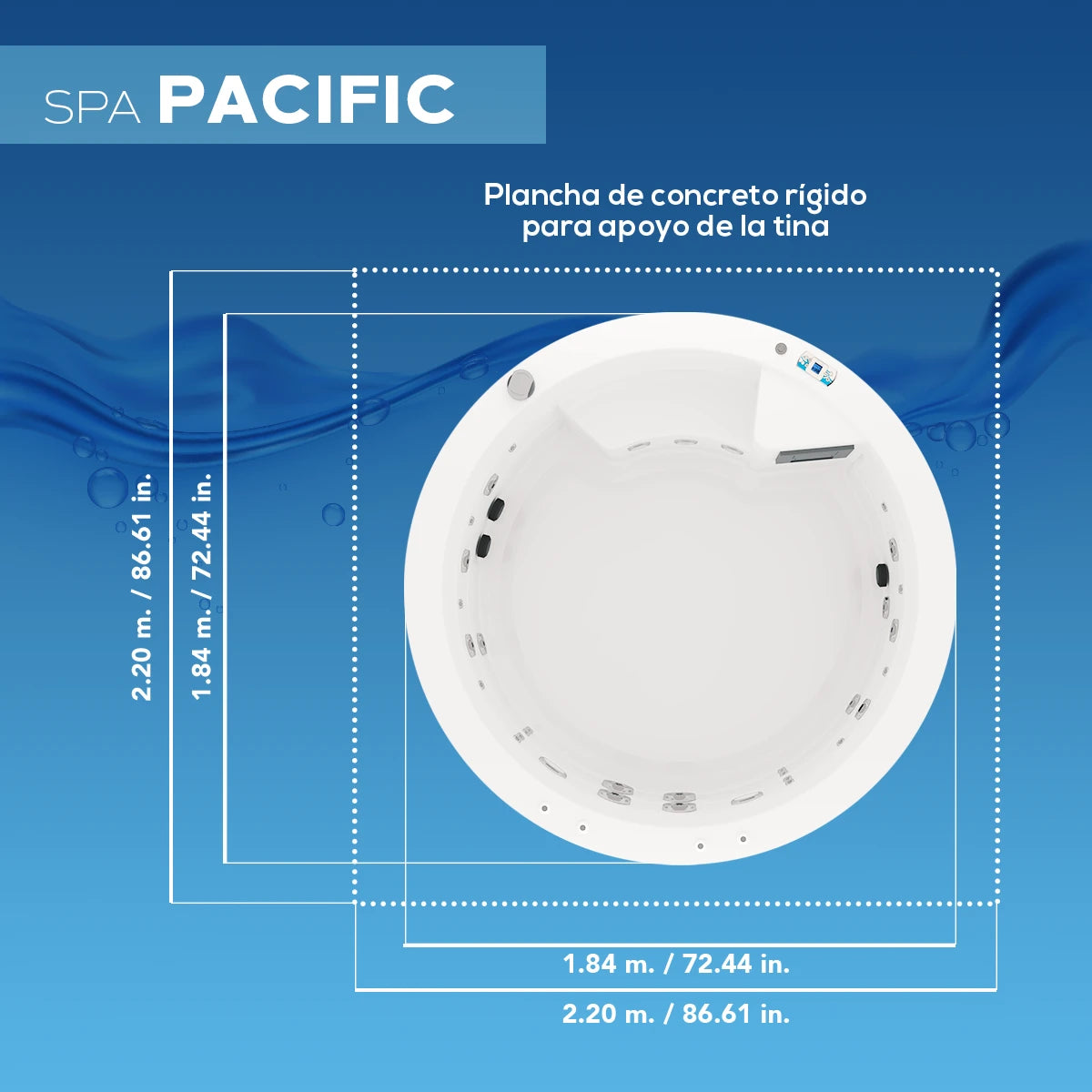 ficha técnica del spa PACIFIC con medidas exactas para instalación en patios, jardines o terrazas