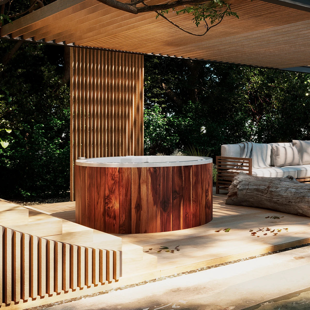 spa PACIFIC en terraza residencial con diseño natural, jacuzzi redondo de uso familiar