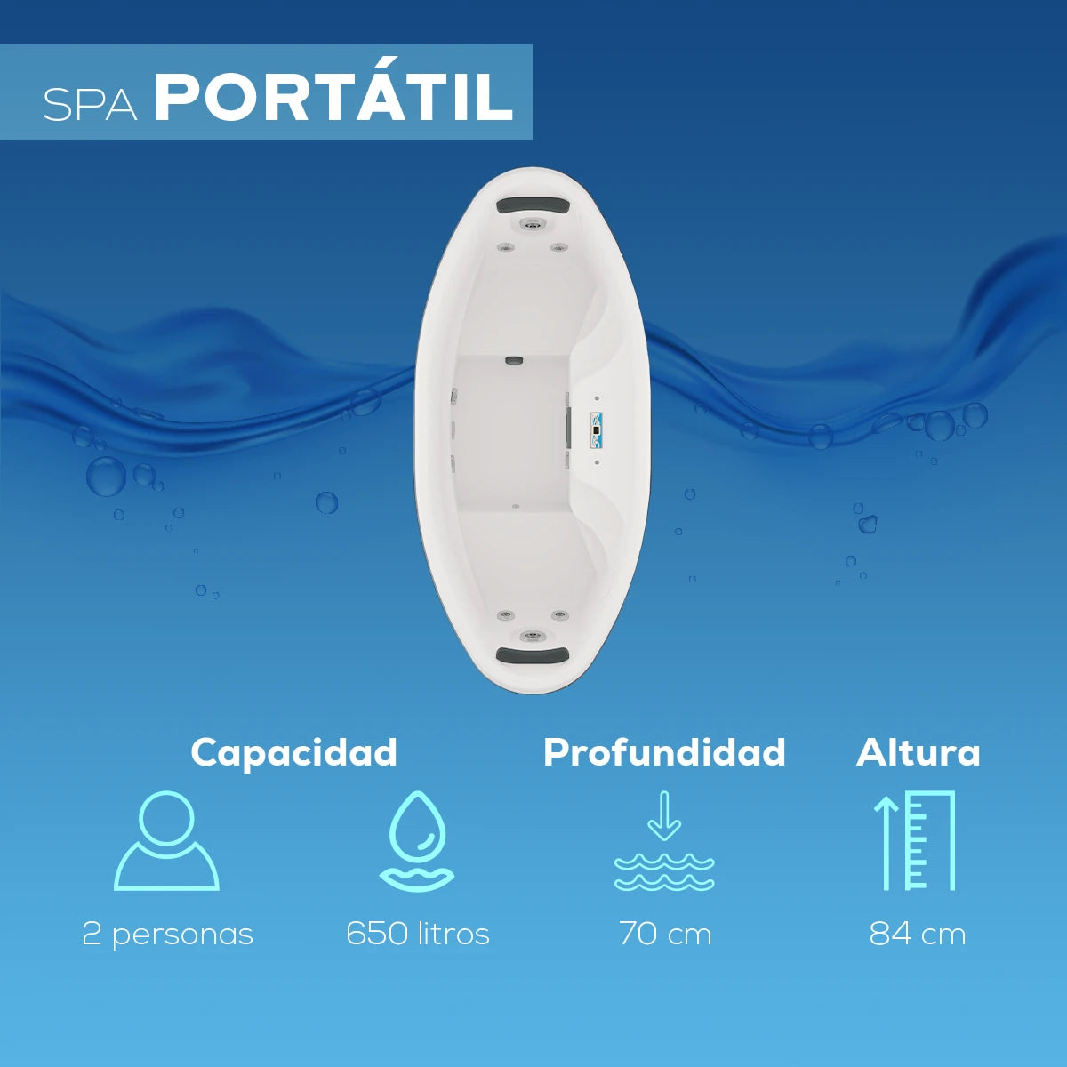 spa PORTÁTIL con capacidad para 2 personas, profundidad de 70 cm y altura de 84 cm; jacuzzi ovalado y práctico