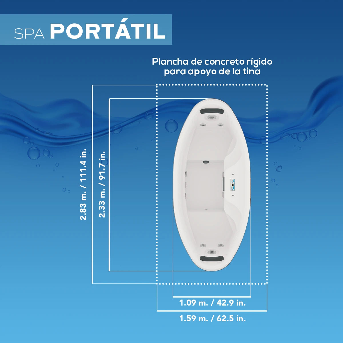 ficha técnica del spa PORTÁTIL con dimensiones ideales para espacios pequeños; jacuzzi portátil y eficiente