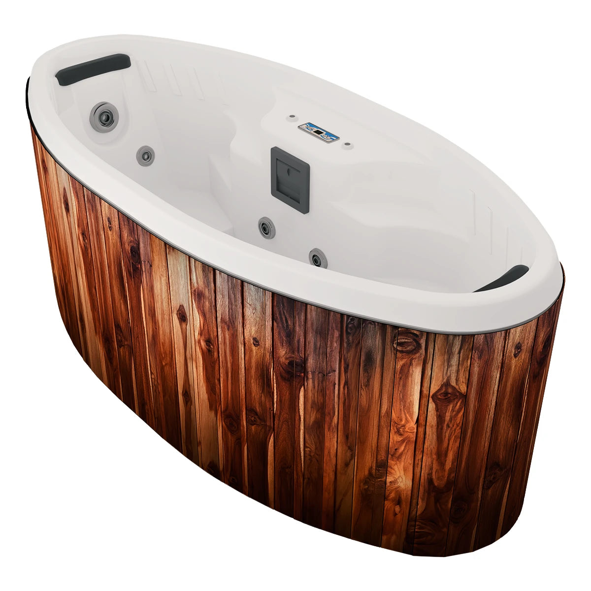 spa PORTÁTIL para 2 personas, jets de masaje, panel digital y faldón de madera; jacuzzi versátil para interior y exterior