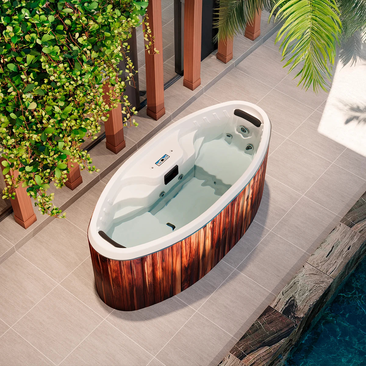 jacuzzi spa PORTÁTIL en patio exterior techado, spa compacto de 2 plazas con hidromasaje e instalación sencilla