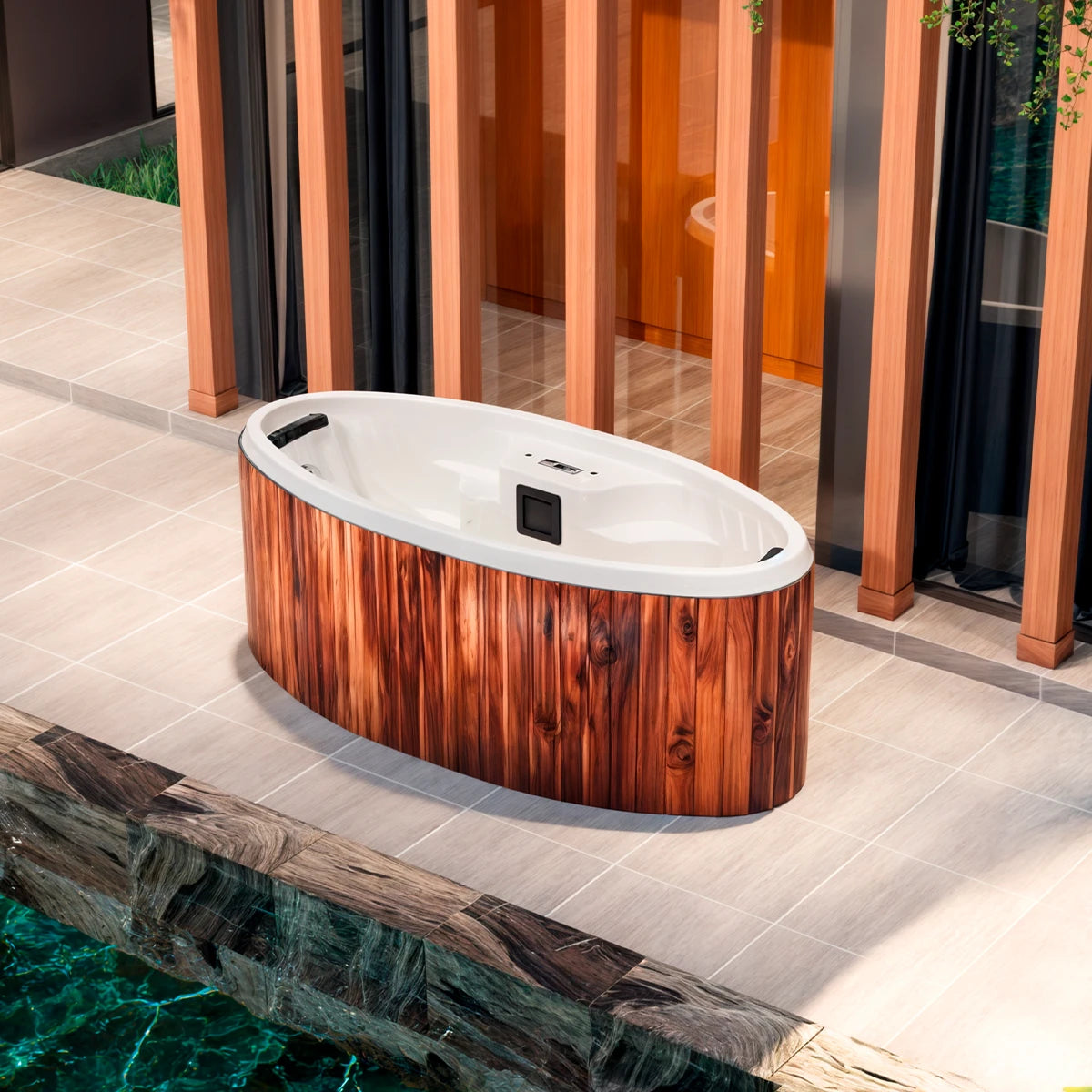 spa PORTÁTIL en terraza residencial, jacuzzi ovalado para 2 personas con diseño cálido y funcional