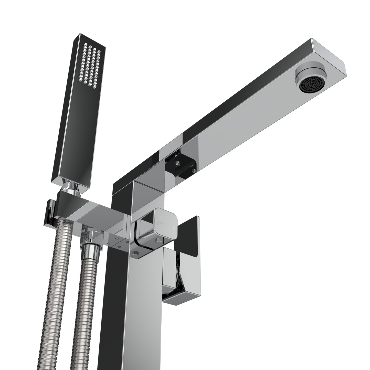 Detalle de grifo y ducha de mano de la llave de pedestal Aquaspa T-001 con acabado cromado