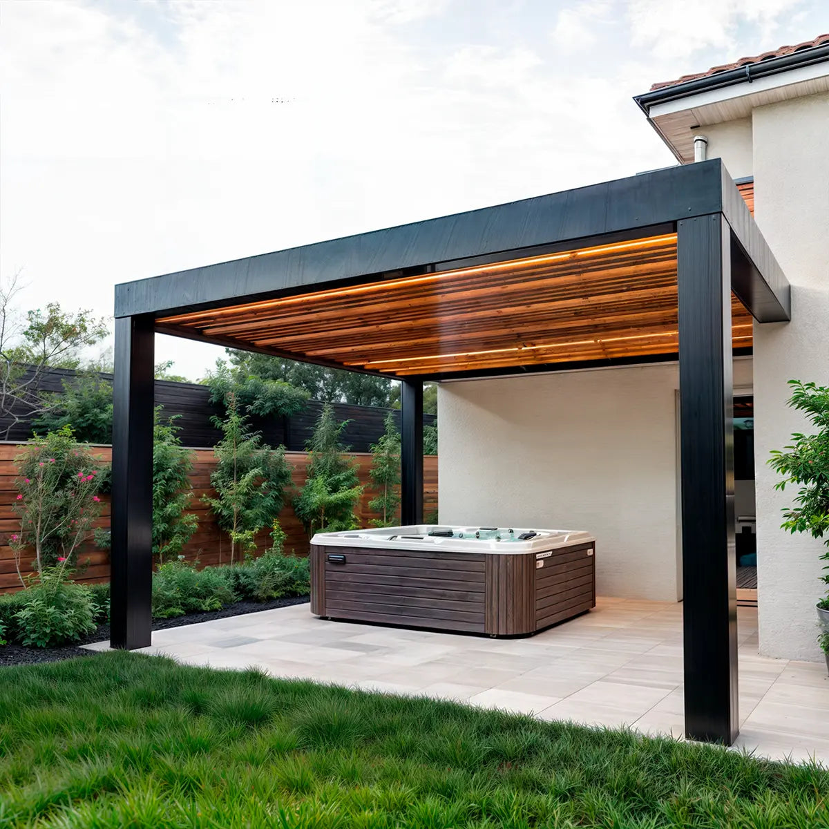 Diseño de Pérgola de lujo con combinación de acero, madera tratada y cristal templado, colocada sobre jacuzzi en terraza contemporánea totalspa